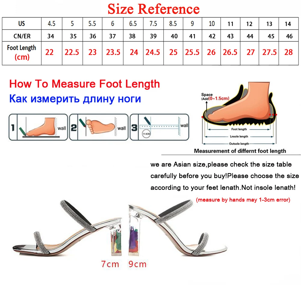 

Ladies Slippers Heels Rhinestone Narrow Band Rich Color Chunky Heel 7-9cm Clear Transparent Sandals Women Summer 2021 Wedding
