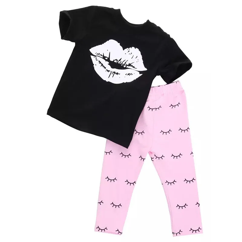 2Pcs Summer Kids Toddler Baby Girl Clothes Set Black Short Sleeve Lips PatternTops Pink Eyelash Pant Children Clothing Outfits