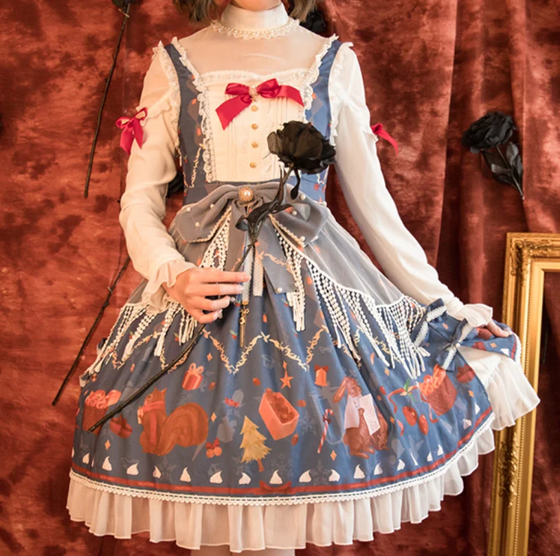 

Платье с рождественским принтом, милое платье Лали для косплея, кружевное милое платье с оборками для девочек, Лолита, jsk, готическое японское платье для девочек