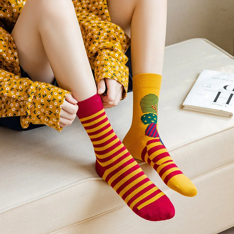 

Women Crew Socks New Fashion 1 Pair Cotton Breathable Girls High Quality AB Asymmetry Long Socks Retro Korean Style Creativity