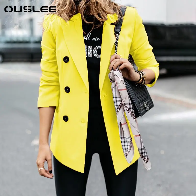 OUSLEE Women Blazer Casual Office Wear Autumn Solid Color Long Sleeved Double Breasted Button Suit Simple Temperament Jacket