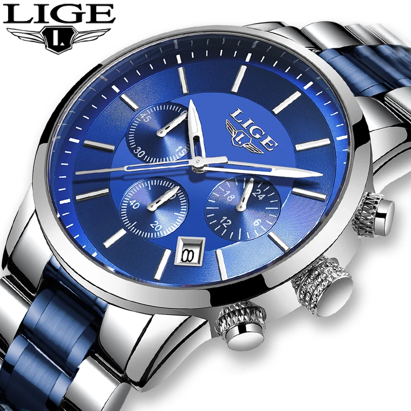 Reloj hombres LIGE трендовые брендовые новые мужские часы серебристо синие со стальным