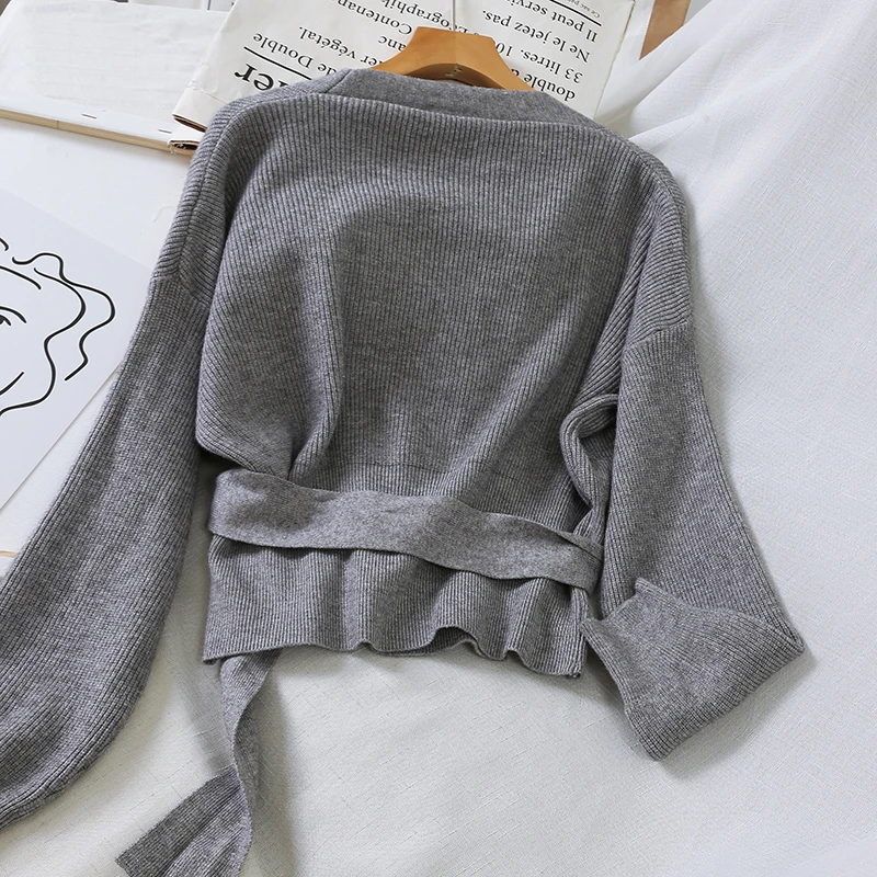 

2019 Winter Fashion V Neck Double-breasted Sashes Cardigan Women Autumn Knitted Harajuku Sweater Elegant Ladies Jumpers