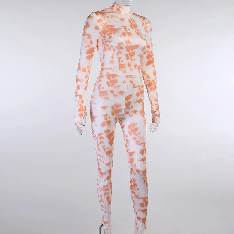 

Tie-dyeing Ribbed Jumpsuit 2021 Women Autumn One Piece Long Sleeve Rompers High Waist Stretchy Skinny Female Sportswear Jumpsuit