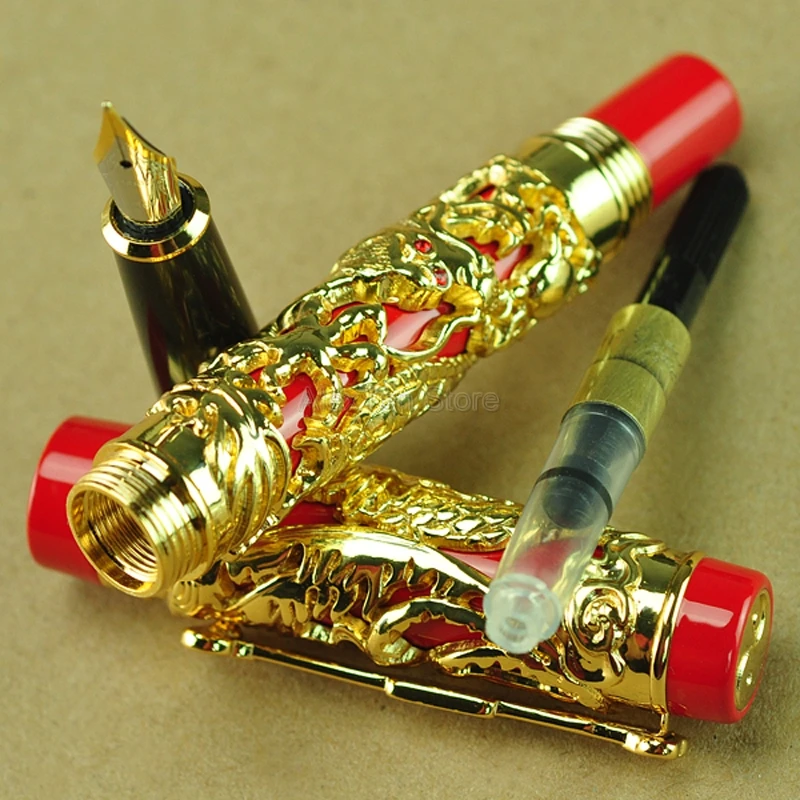 

Jinhao Creative Dragon Phoenix Vintage Fountain Pen, Metal Carving Embossing Heavy Pen, Golden & Red for Office School Usage