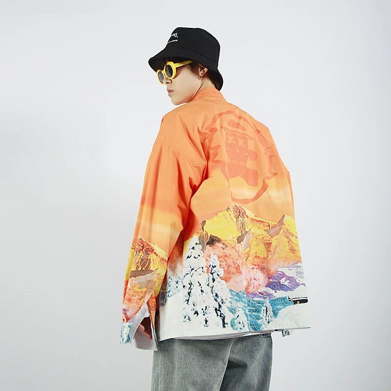 

Рубашка мужская с градиентным принтом, тонкая модная сорочка с воротником-стойкой, в полоску, японская длинная, Eg50sh