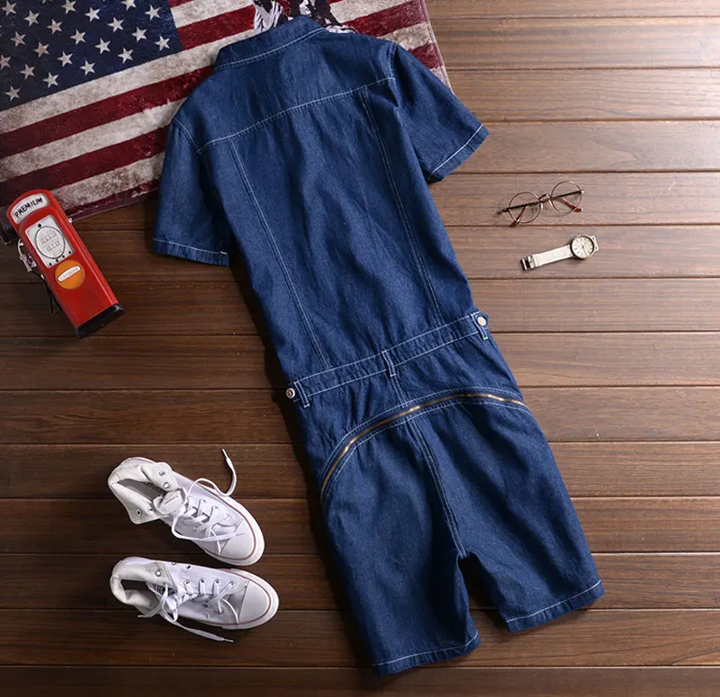 Джинсовый комбинезон мужской с отложным воротником короткий рукав облегающие