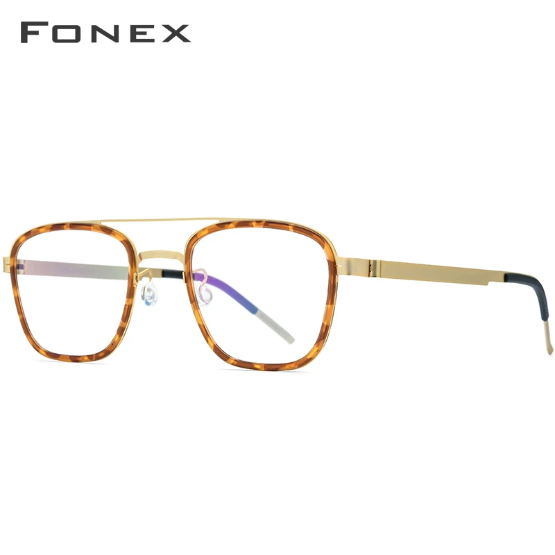 FONEX ацетатные очки из сплава для мужчин по рецепту Близорукость оптическая оправа для очков высокое качество квадратные корейские Безвинтовые очки 98628 - Цвет оправы: Leopard Gold