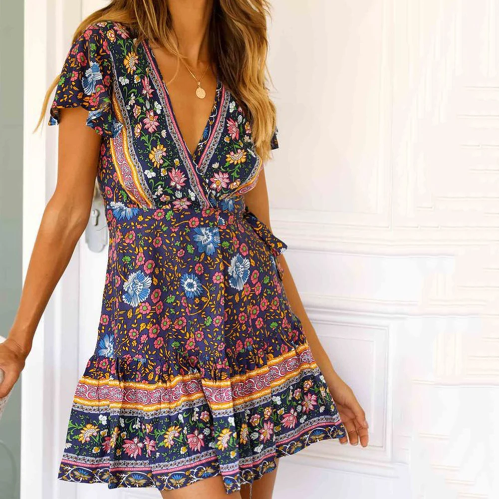 Богемное женское летнее платье с цветочным принтом элегантное праздничное
