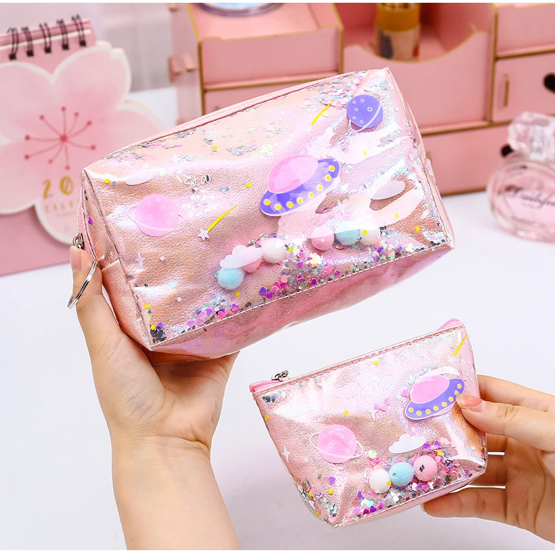 Женская косметичка с блестками модный переносной чехол на молнии песочным