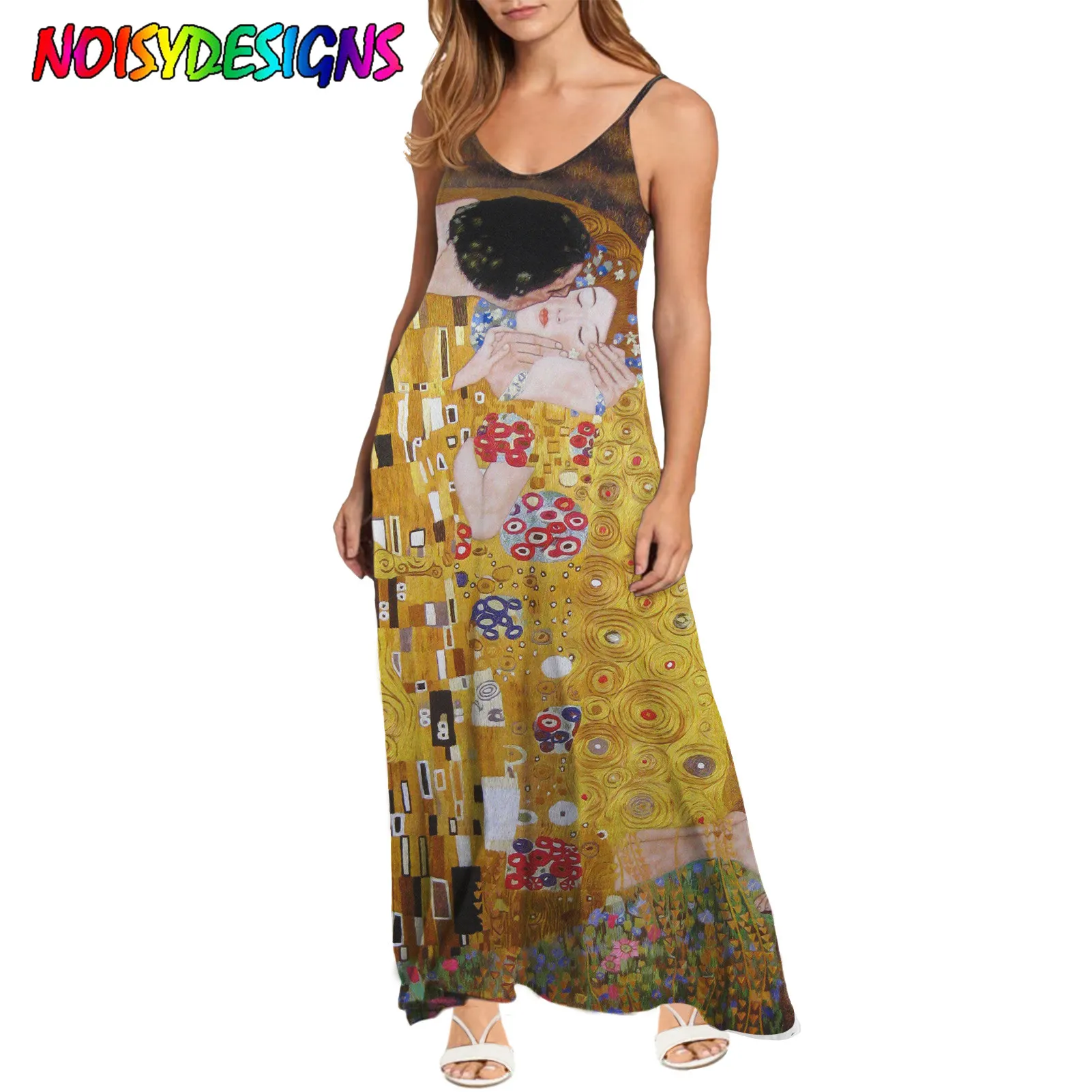 

NOISYDESIGNS Women's Casual Suspender Dress 2021 New Fashion Gustav Klimt The Kiss Printed V Neck Backless Long Dresses Custom