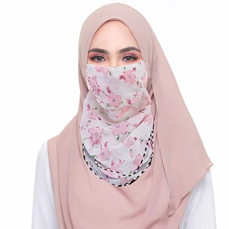 

Face Cover Veil Floral Niqab Burka Hijab Islam Modesty 2 Layers Amira Hoofddoek Ramadan Arabic Headscarf Women Muslim