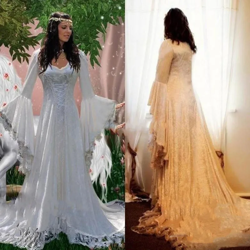 

Vintage Gothic Wedding Dresses A Line Bell Long Sleeve lace Renaissance Medieval halloween costume 2020 Plus Size wedding gowns