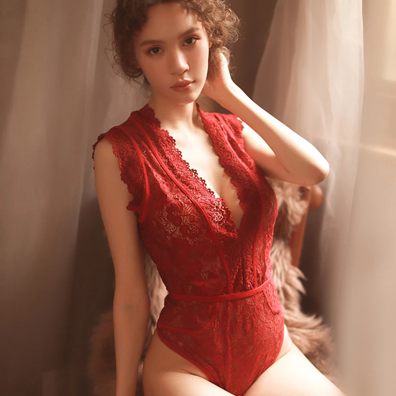 

New Woman Sexy Lace Perspective Deep V Lace Shoulder Underwear One-piece Pajamas Sleepwear Adult Jumpsuit