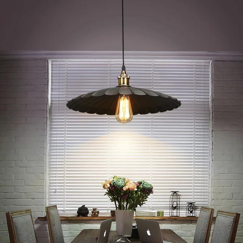 

Vintage Striped iron plate Pendant lamp Dia 25 cm E 27 Base Edison LED Bulb Retro American Iron Black Umbrella Pendant Lights