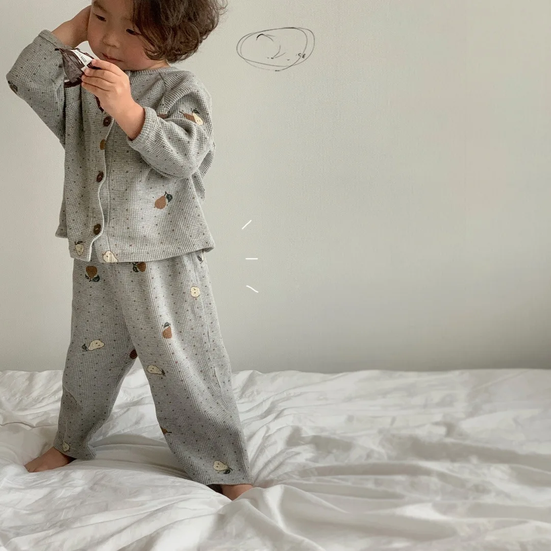 

2021 Spring New Baby Boys Girls Waffle Clothes Set Full Sleeve Floral Tops And Pants Children 2pcs Suit Loose Kids Clothes Set