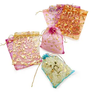 Мешочки из органзы с принтом сердца, 7x9, 10x12, 14x10, 18x13 см, 10 шт.