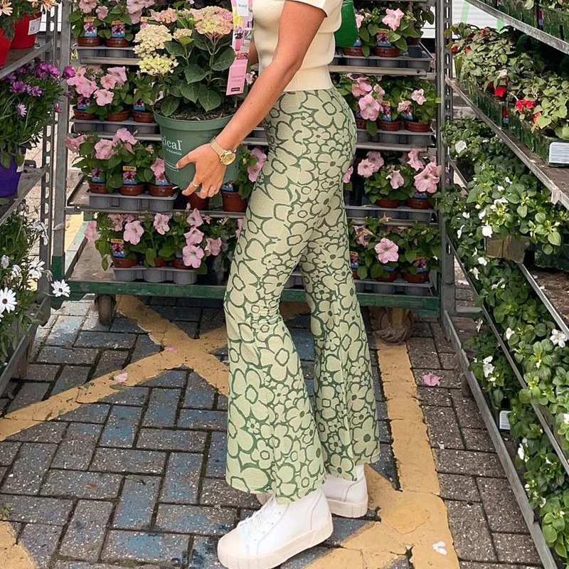 

Vintage Fashion Green Floral Printed Skinny High Waist Pants Harajuku 2000s Aesthetic Flare Pants Women Trousers Slim