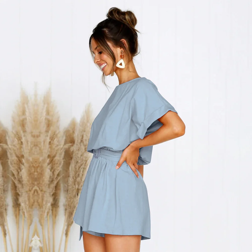 

Donsignet Fashion Women's Jumpsuit New Summer Casual Round Neck Pullover Solid Color Loose Plus Size Tie Short Sleeve Jumpsuit