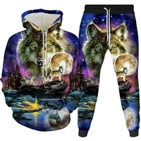 2021 autumn and winter animal wolf 3d digital printing sportswear suit mens and womens hoodie sweater trousers two piece suit