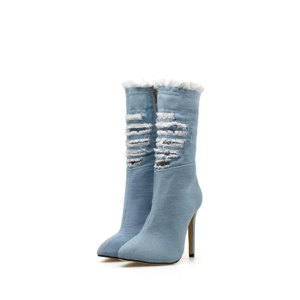 

Summer Denim Blue Leather Sock Boots Pointed Toe Thigh High Heels Short Ankle Botas jeans botines Shoes Woman Motorcycle