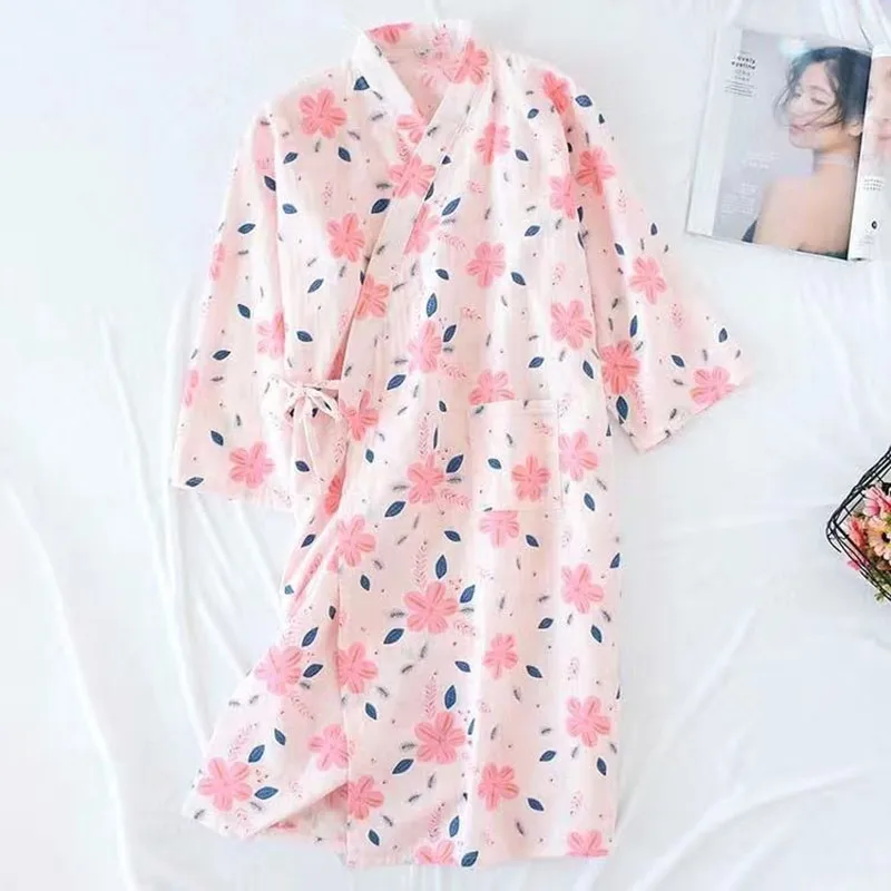 100% Cotton Kimono Night Gowns Women's Sleepwear Sexy Flower Belt Full Sleeve Robe Sweet Female Homewear Set Big Size