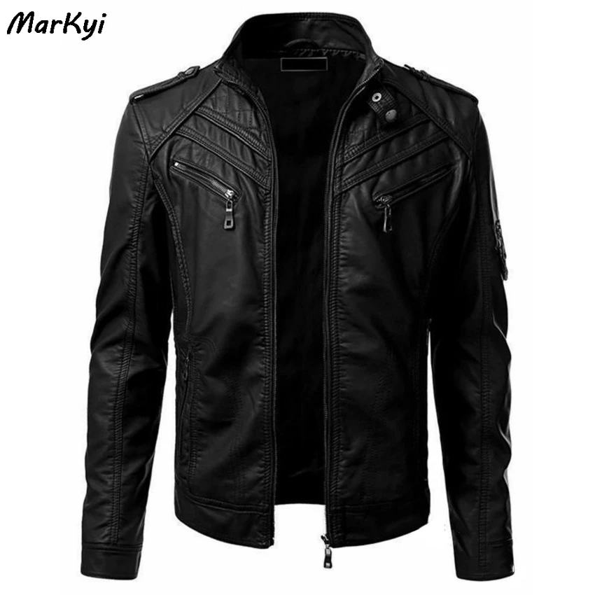 

MarKyi 2020 autumn zipper slim fit leather jacket for men plus size 5xl mens motorcycle jacket