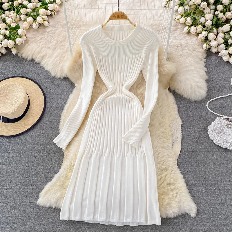 

Women White Knit Dress Korean Fashion Autumn Winter Long Sleeve Slim Sweater Dress 2021 Elegant Lady Pleated A-line Midi Dress