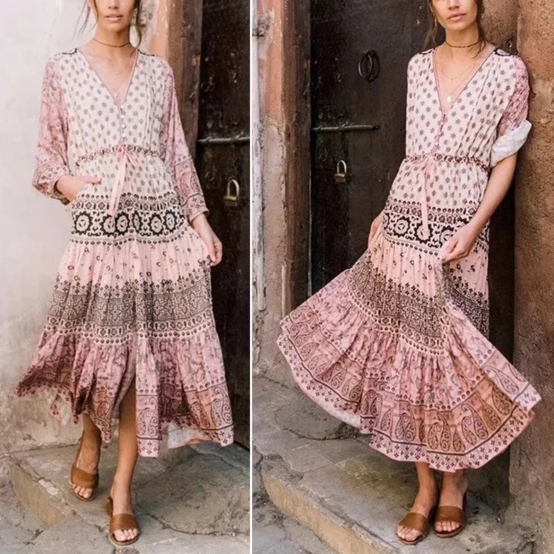 Womens Dress Ladies Beach Summer Printed Casual Fashion V-Neck Sundress Long Sleeve Boho Sexy | Женская одежда