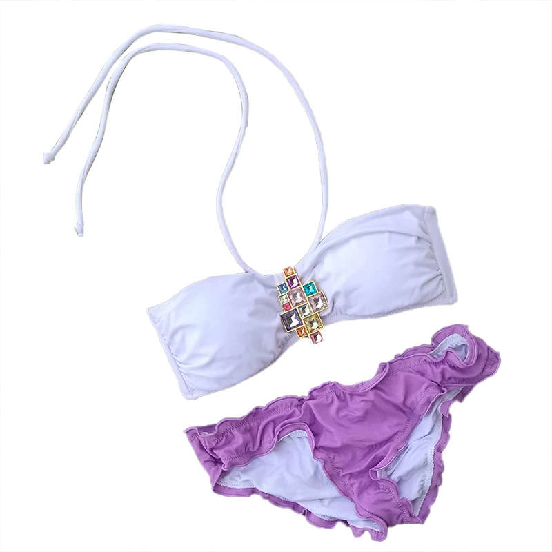

Women Sexy Girl Crystal Diamond Bikini Set White Top Swimwear Swimsuit Biquini Brazilian Purple Bottom Bathing Suit