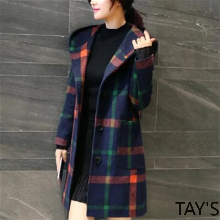 Бесплатная доставка осеннее Новое тонкое британское шерстяное пальто в клетку