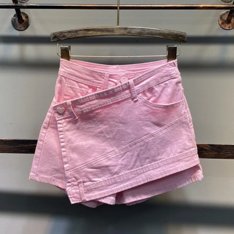 Женские джинсовые шорты новые летние розовые трапециевидные штаны с завышенной