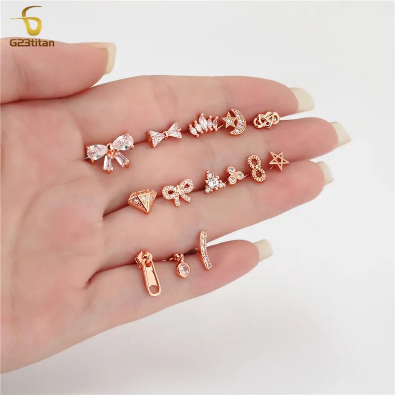 

16G Rose Gold Zircon Stud Earring Stainless Steel Bars Moon Star Bow Knot Infinite Ear Cartilage Helix Tragus Piercing Jewelry