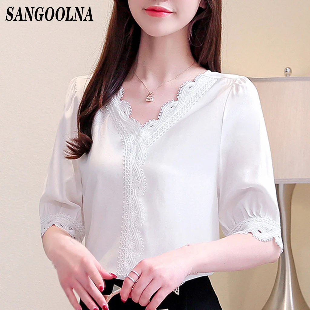 

Women Lace Patchwork Blouse Casual Sweet Half Sleeve Ol Blouse Ladies Summer Solid Color Elegant V-neck Blouses 2020