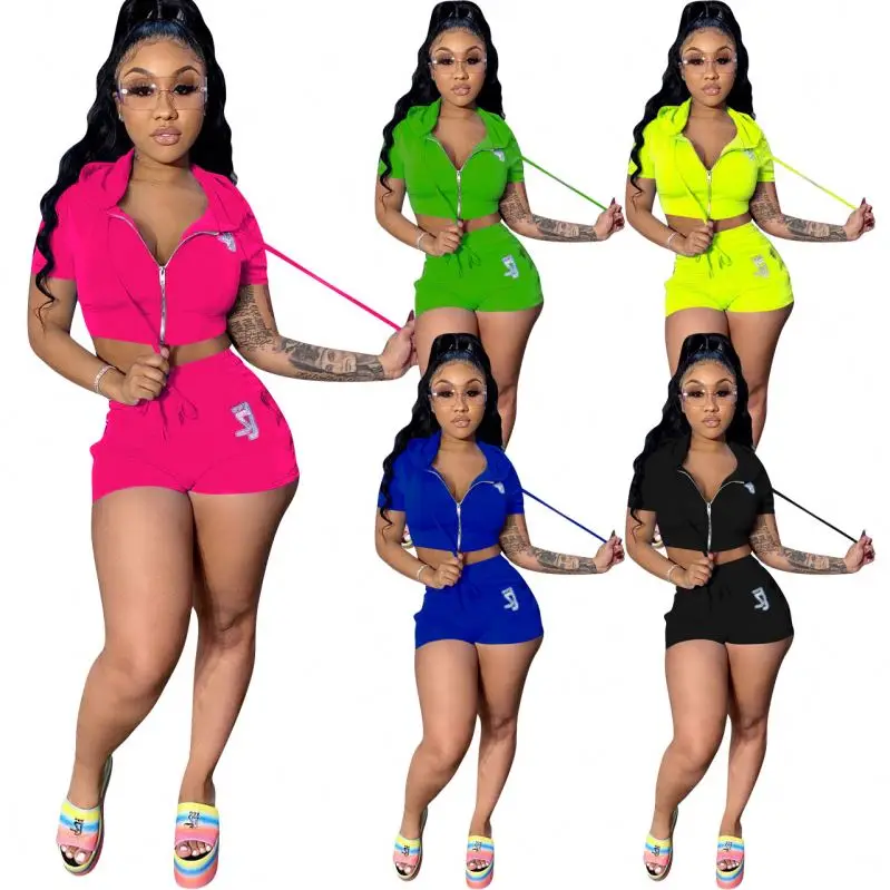

S12423 new arrivals wholesale sexy Summer clothing women boutique casual sexy sports 2 piece hoodie sweatsuit shorts set