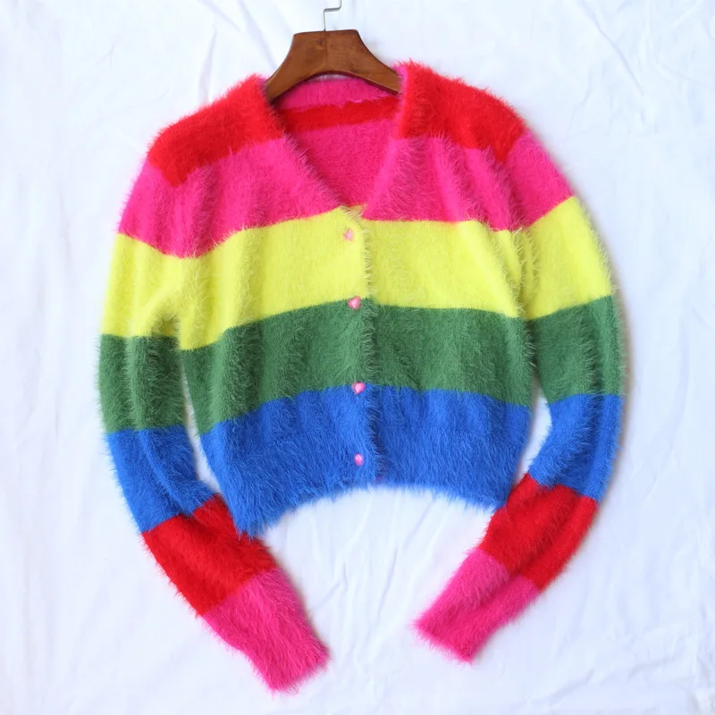 rainbow cardigan Винтажный обрезанный Радужный полосатый кардиган свитер Топы женские трикотажные кардиганы с v-образным вырезом Пальто Harajuku девушки ленивые пушистые свитера Oaf - Цвет: rainbow cardigan
