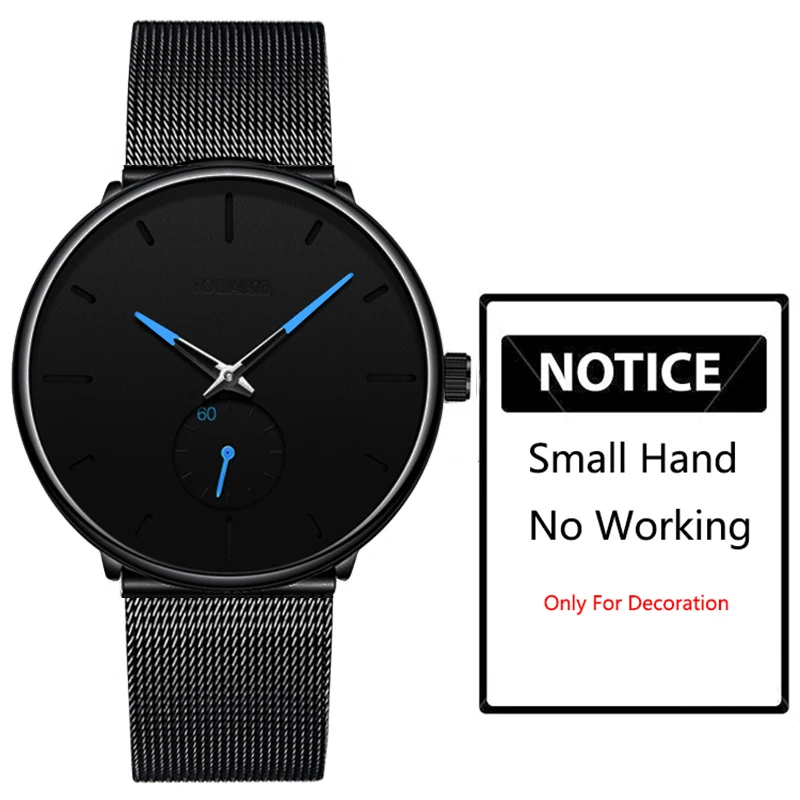 Мужские повседневные тонкие черные наручные часы из сетчатой стали спортивные