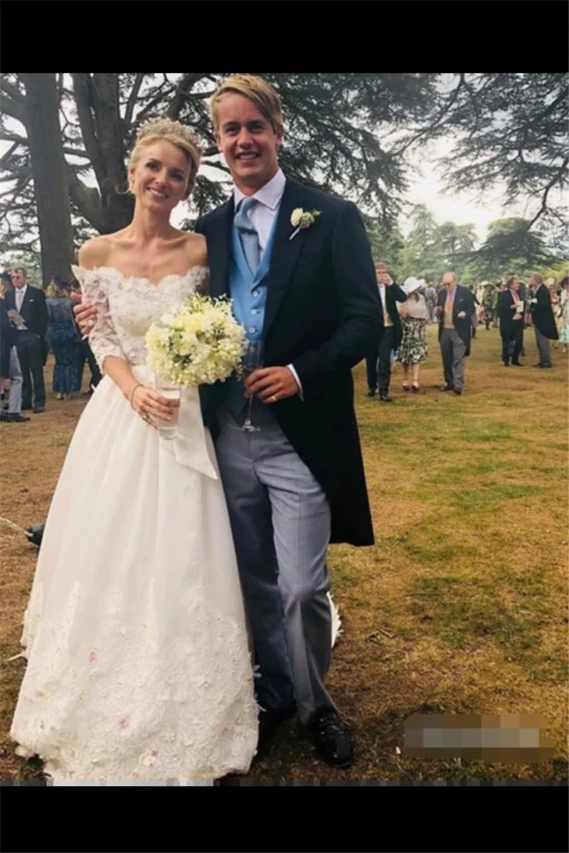 

A Line Mid-Sleeves Satin Wedding Dresses For Bride With Cathedral Train Lace Bridal Gowns robe de mariee vestidos de novia