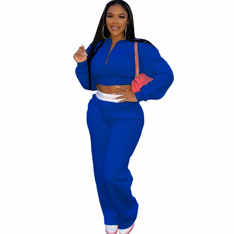 

Crop Tops Two Piece Set Women Zipper Short Jacket And Wide Leg Pant Suits Autumn New Loose Casual Thick Tracksuit Women Set 2021