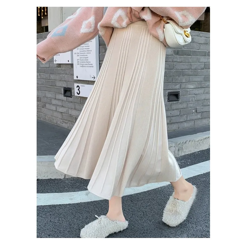 

Artsnie winter 2020 high waist A line pleated skirt women vintage sweet knitted cotton warm beige maxi long skirts jupe femme