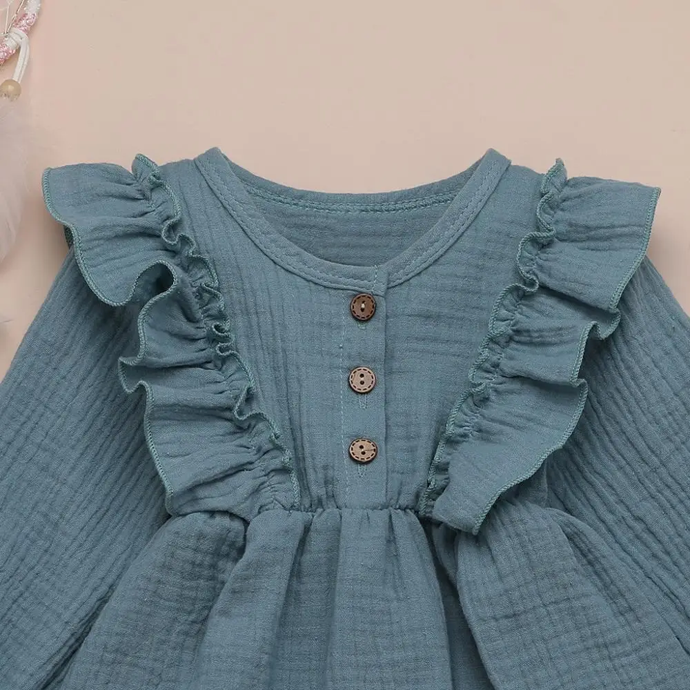 Solid Color Ruffles Children'S Dress fly Long Sleeve Knee-Length dress Linen Button Princess Sukienka Dziewczynka | Детская одежда