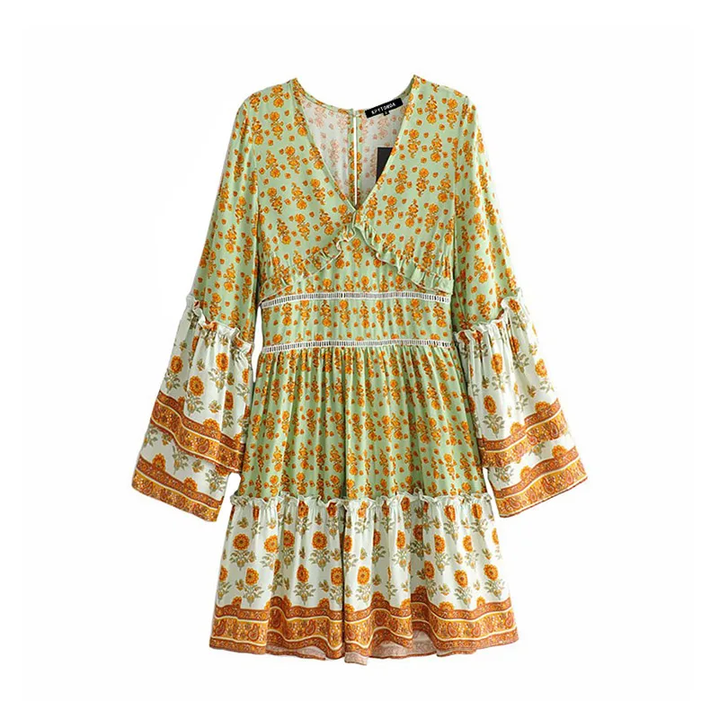 Винтажное мини-платье в сборку с цветочным принтом Boho шикарное женское 2019 модное