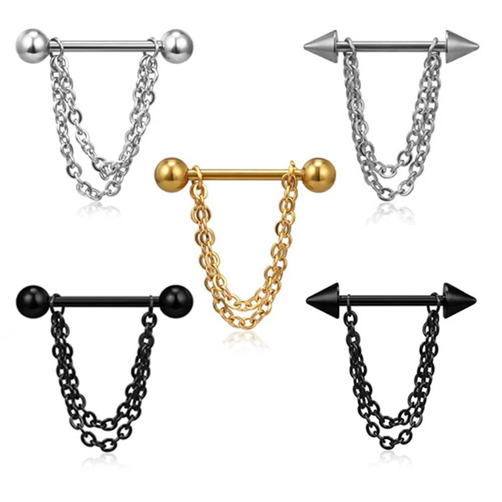 

2Pcs/Set Stainless Steel Link Pierced Nipple Breast Rings Nail Barbell Chain Pendant Body Piercings Jewelry 5 Styles