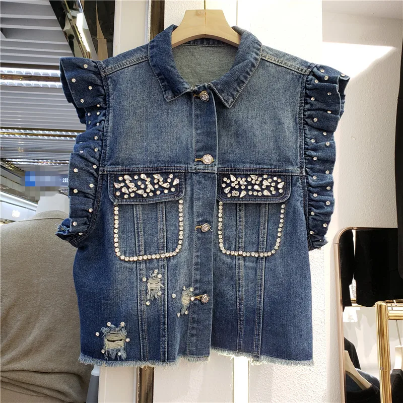 

Denim Vest for Women 2021 Autumn New Ruffled Fashion Single-Breasted Ripped Diamond Raw Edge Short Waistcoat Top Mujer