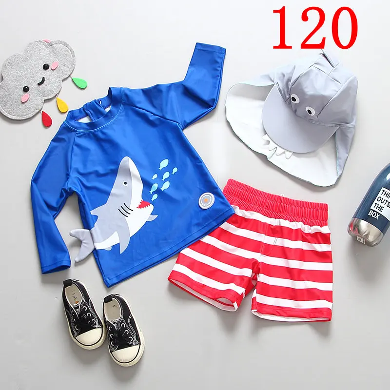 SIZE 120 Купальный костюм для маленьких мальчиков с защитой от ультрафиолета, 3 предмета, детский купальный костюм с милой акулой, купальный костюм с длинными рукавами для мальчиков, купальные костюмы для малышей - Цвет: SIZE 120