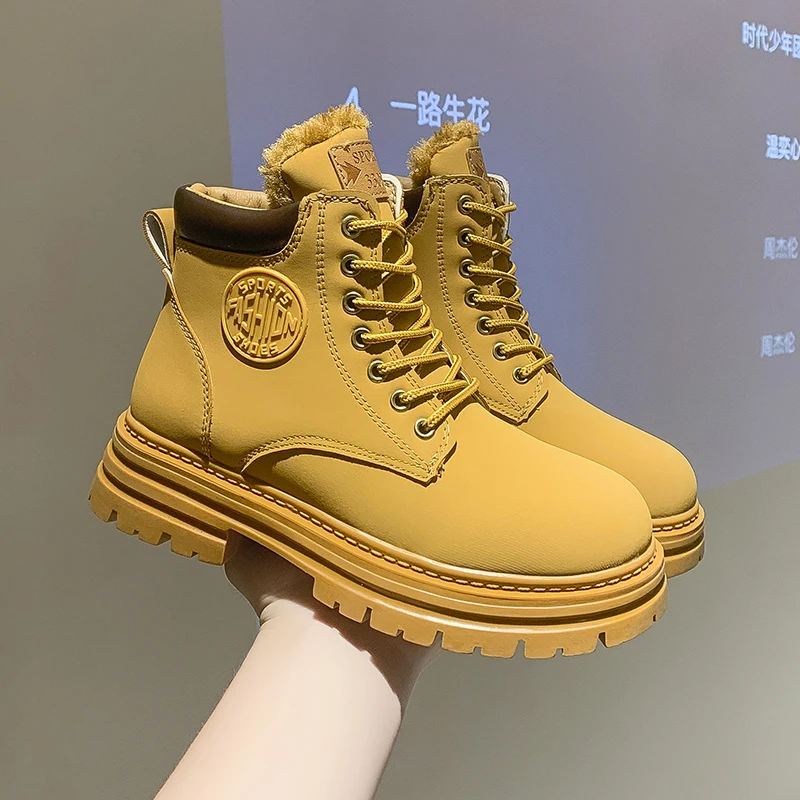 

Женские ботильоны на толстой подошве, теплые боевые ботинки на шнуровке, зимние ботинки на платформе, повседневные ботинки мартинсы, новинк...