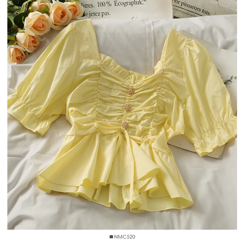 

Summer New Female V-neck Ruffles Folds Shirt Women's Short Sleeve Ruffles Sweet OverShirts Women Casual Blouses