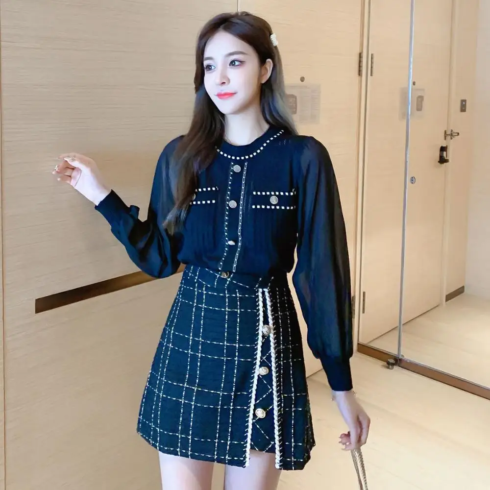 

2020 Autumn Women Fashion Office Ladies Two Piece Outfits chiffon sleeve patchwork Knitted Top+Button Tweed Skirts Suits