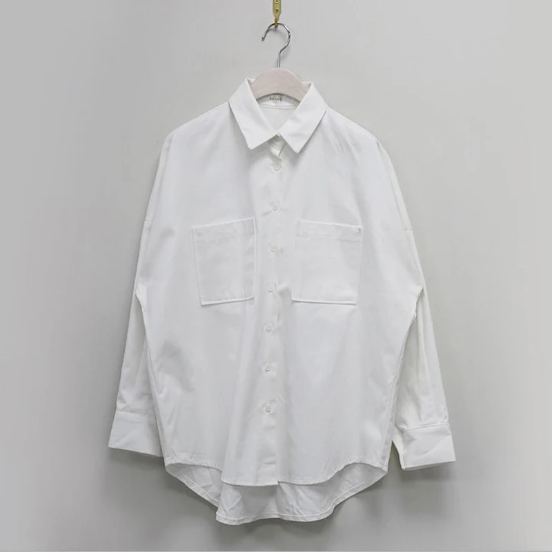 

Double Pockets Shirts Women Casual Loose Long Sleeve Blouse Solid Tops Cotton Office Lady Turn-down Collar Blouses Chemise Femme