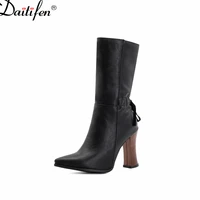 daitifen women fashion butterfly knot side zipper winter with fur boots western style mid calf high heels women dress pumps
